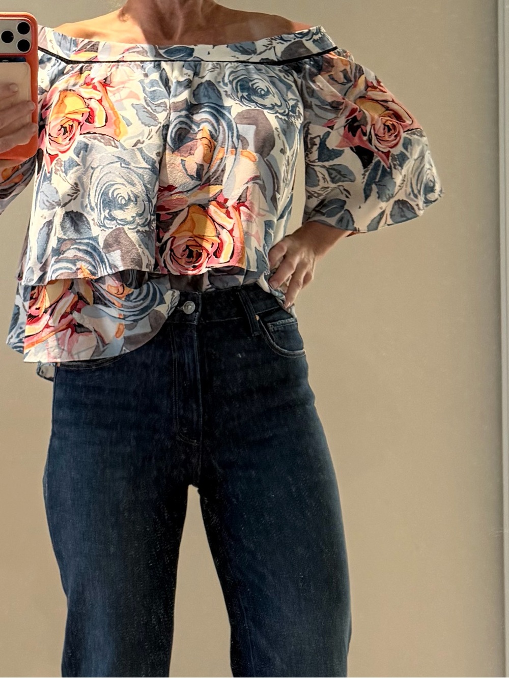 Elizabeth and James Floral Off-Shoulder Crop Top in Blue, Pink, Yellow